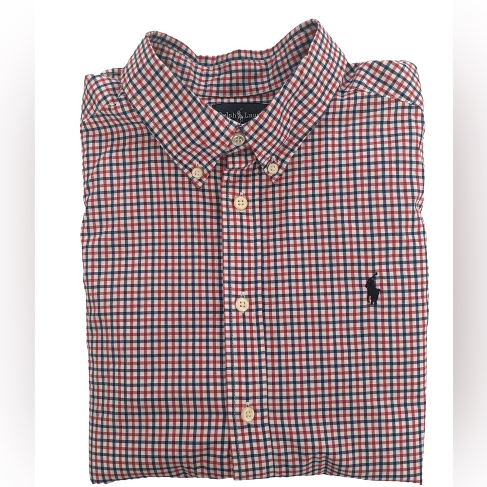 Ralph Lauren Boys 100% Cotton button down shirt Blue Red White Collegiate preppy